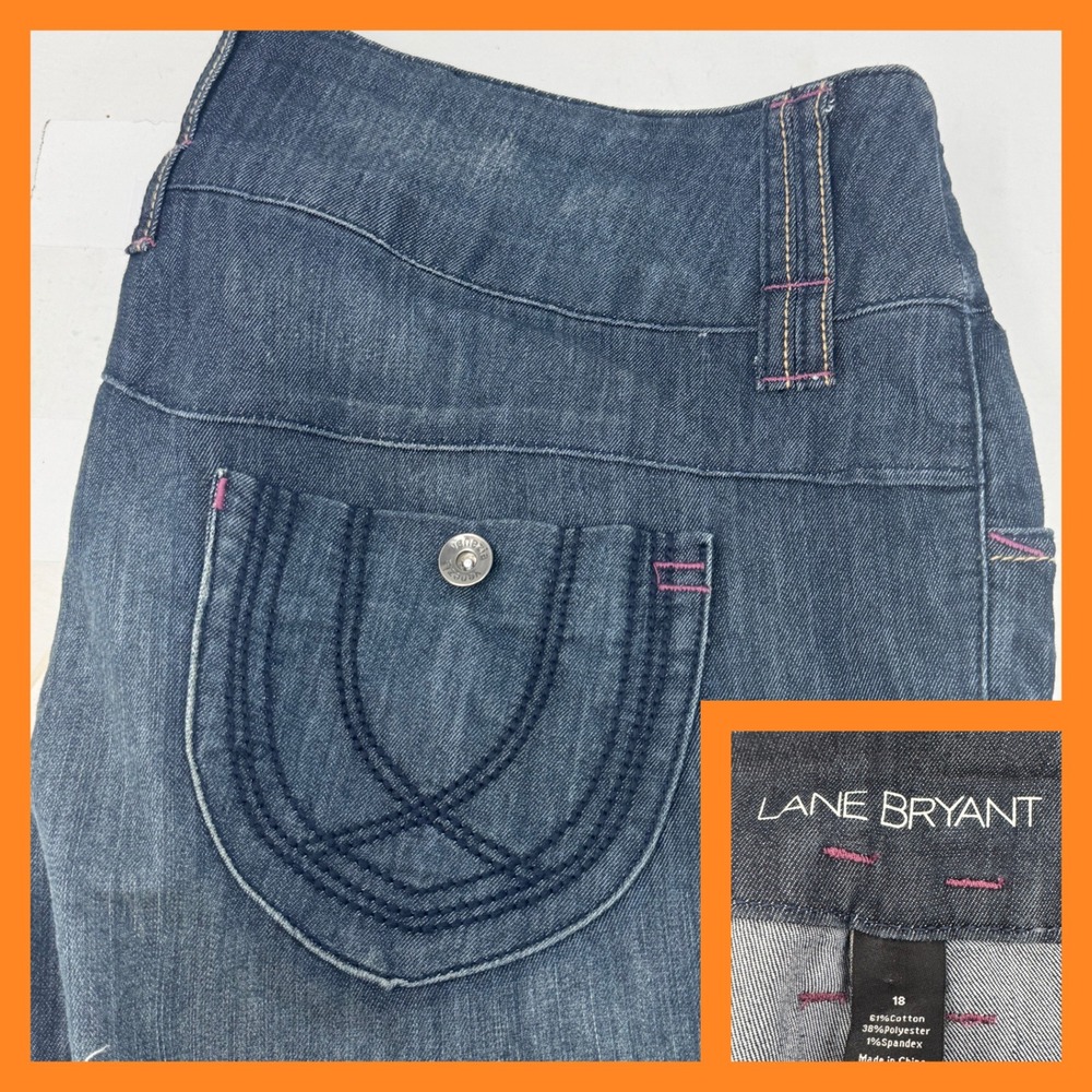Lane‎ Bryant Wide Leg Jeans Women 18 Blue Pink Contrast Stitch Stretch Trouser